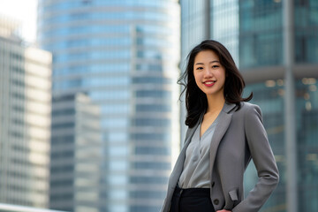 Fototapeta premium Smiling Asian Office Lady in Office Building Background