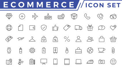 E-commerce icon set. Online shopping and delivery elements. E-business symbol. Solid icons vector collection.
