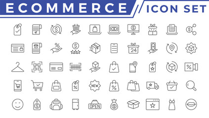 E-commerce icon set. Online shopping and delivery elements. E-business symbol. Solid icons vector collection.