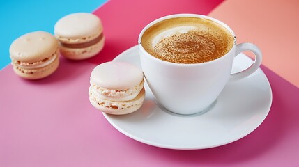 The cup of cappuccino and delicious macarons with white merengues on white plate isolated on colorful background