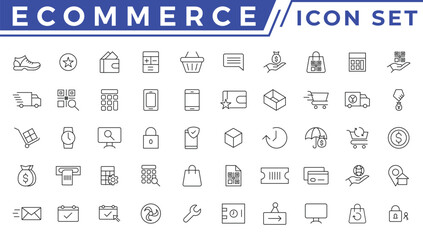 E-commerce icon set. Online shopping and delivery elements. E-business symbol. Solid icons vector collection.
