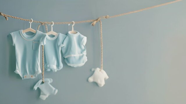 Baby clothes hanging on rope on grey background, A row of baby clothes hanging on a clothesline. The clothes are all different colors and styles
