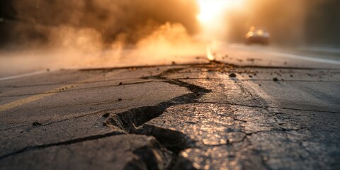 Cracked and damaged road after an earthquake with smoke in the background. Natural disaster aftermath concept. Banner with copy space.