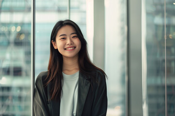 Smiling Asian Office Lady in Office Building Background