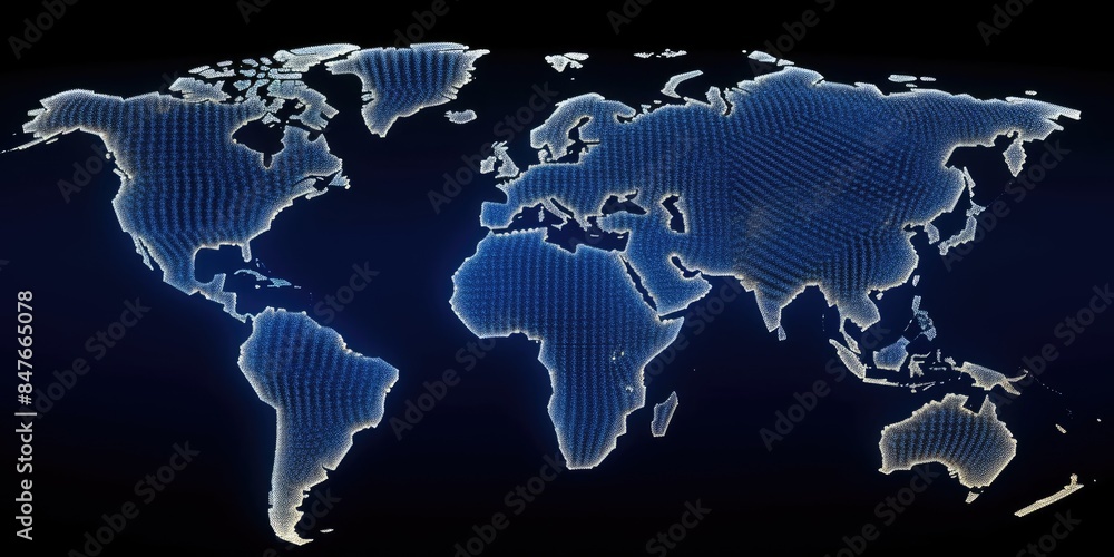 Poster glowing digital world map on a dark background with sparkling light points. global communication and