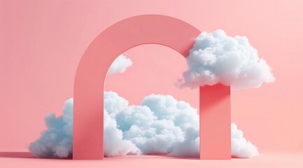 Minimalist pink background with a cloud and tunnel shape. Blue and white clouds floating in the air in a minimalist composition with geometric shapes