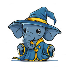 Cute Elephant wizard isolated on white background. Cute Elephant wizard cartoon character. Elephant mage