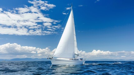 Obraz premium Sailboat serenely navigating the vast open sea, a peaceful journey on calm and tranquil waters