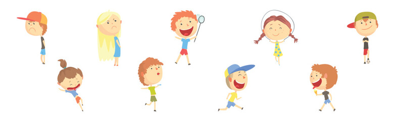 Funny Kid Character Playing Having Fun Vector Set