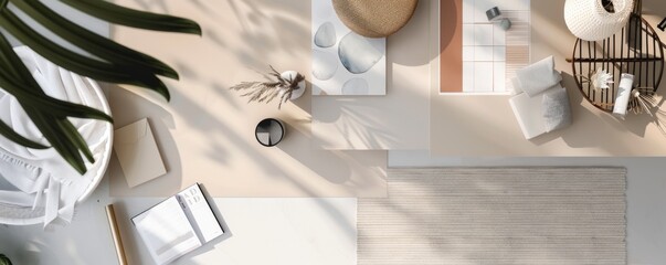 Inspiring interior design mood board mockup for showcasing design inspirations and color palettes, great for interior designers and decorators, 4K hyperrealistic photo.