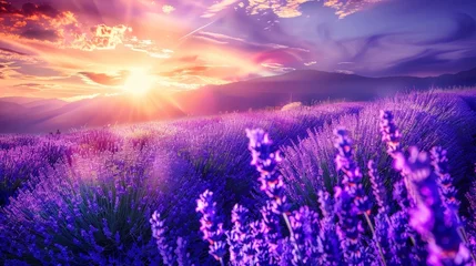 Selbstklebende Fototapeten Golden sunrise illuminating stunning lavender fields, creating a mesmerizing purple landscape scene © Maksym