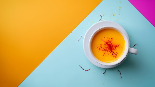 Top view of saffron latte or saffron moon milk in the white cup isolated on colorful background