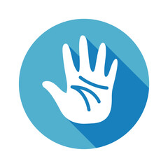 Palm hand icon design, human skin vector illustration, sense of touch, blue circle icon, flat design with long shadow