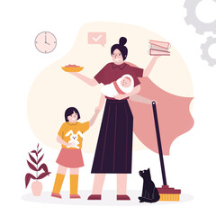 Multitasking mother with children and housework. Woman with newborn doing domestic tasks. Multifunctional female character with many hands doing different jobs