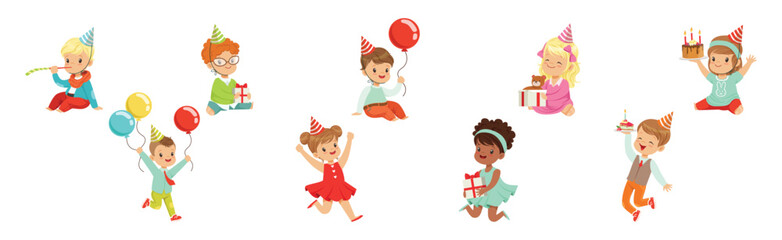 Cute Little Kids in Cone Hat Celebrating Birthday Vector Set
