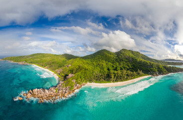 Aerial view of Seychelle Islands. La Digue panorama at sunset