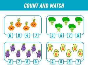 Education game for children count and match of cute cartoon vegetables, printable worksheet. Funny broccoli, onion, eggplant, avocado.
