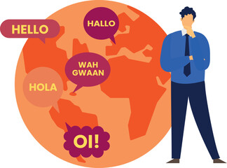 A boy is thinking about the foreign languages.