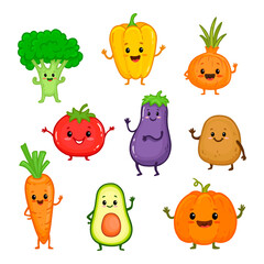 Collection of cartoon vegetable characters. Cute broccoli, potato, carrot, tomato, pepper, eggplant, onion, avocado, pumpkin for kids. Food illustration. 