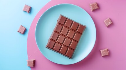Uneaten slice sweet dessert chocolate bar on colored plate isolated on colorful background