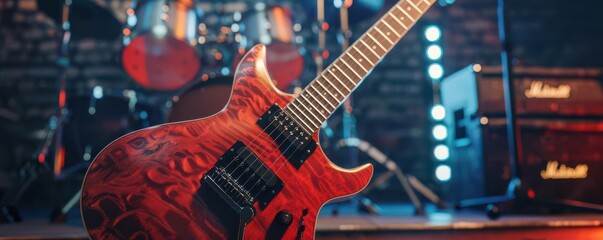 Naklejka premium A close-up of the body of an electric guitar. The guitar is red and has a distinctive wood grain pattern. The guitar is in focus and the background is blurred.