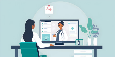 Modern Telemedicine Consultation  A Doctor Engaging with a Patient via Video Call on a Computer Screen in a Digital Healthcare Setting