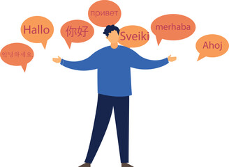 A boy showing different words in different languages.