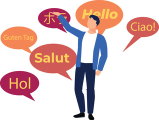 A boy showing different words in different languages.