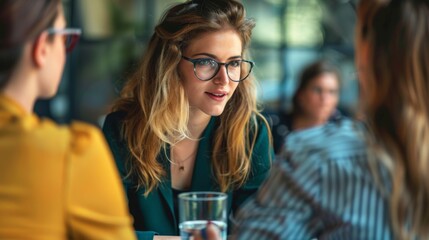 Three women in a cafe, one in focus