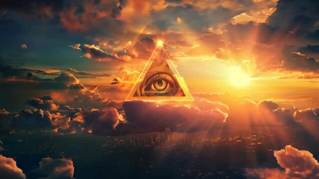 Eye of Providence All-Seeing Eye of God Pyramid in a Golden Sunset Sky Illuminati Masonic symbol Conspiracy Theory