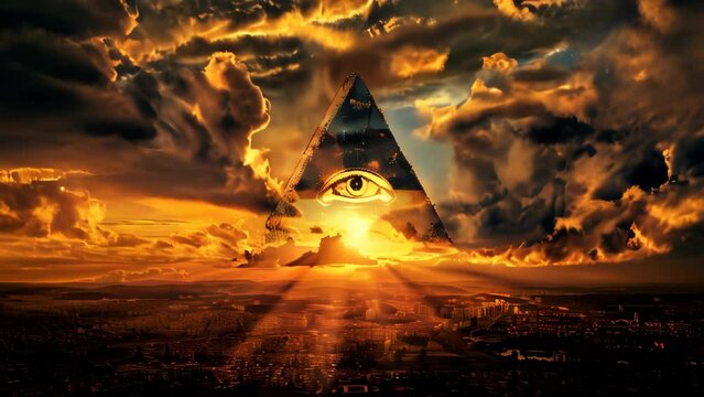 Eye of Providence All-Seeing Eye of God Pyramid in a Golden Sunset Cityscape Sky Illuminati Masonic symbol Conspiracy Theory