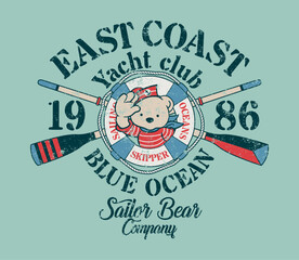 Cute sailor bear skipper kid yacht sailing company grunge cartoon vector print for baby children wear grunge effect in separate layer