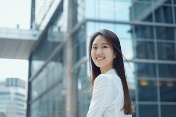 Fototapeta premium Smiling Asian Office Lady in Office Building Background