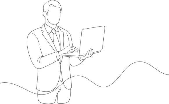 person working on computer line art