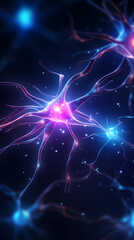 Close-up of glowing red and blue neurons