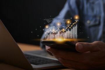 Stock Chart or Stock Market Graph, Investor, Global Trade or Stock Exchange Concept. Bar Graph and Arrow Trend on Smartphone Screen and Laptop