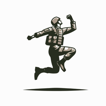 soldier jumping up, monochrome style clip art preview