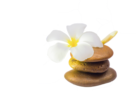 Transparent PNG Relaxed concept, white stones stacked with balance and refreshing white flowers  isolated on white background
