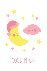 Childrens magic poster with sleepy moon and pink cloud for girl baby room decoration. Childrens magic elements for fabric print logo sign cards banners Kids wall art design Vector illustration