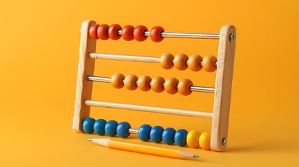 Wooden abacus with pencil isolated on orange background