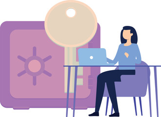 A girl is working on a laptop for a locker.