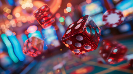Casino dice in flight close-up	
