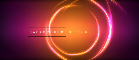 Neon glowing circle rays, light round lines in the dark, planet style neon wave lines. Energetic electric concept design for wallpaper, banner, background