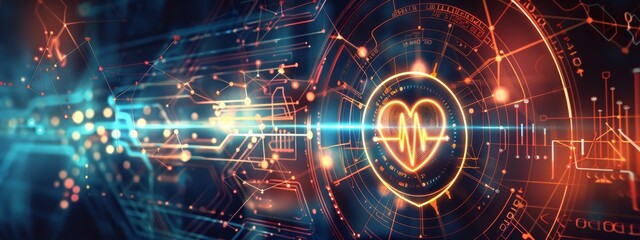 Obraz premium Abstract futuristic technology background with glowing heart symbol