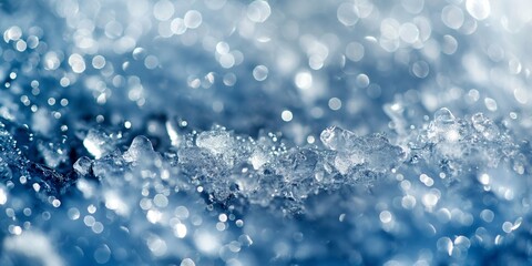 Frozen hail or ice pellets close-up. Macro photography with bokeh effect. Winter weather concept. Image for meteorology presentations and climate change awareness. Banner with copy space.