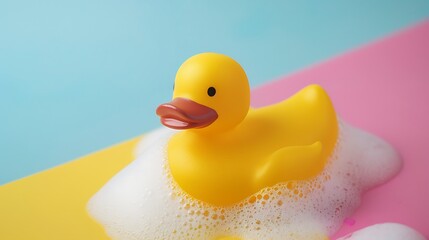 yellow rubber duck with foam isolated on colorful background