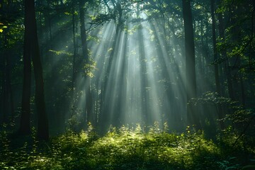 Sunlight Breaking Through Dense Forest Canopy - Nature, Serenity, Greenery, Light Beams