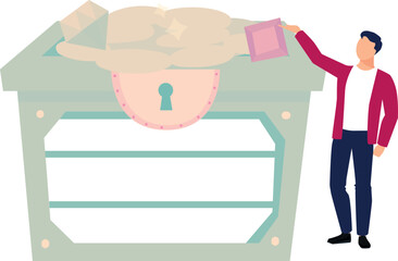 The boy is pointing to the treasure box.