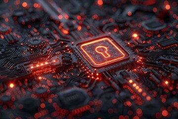 Cybersecurity Concept: Glowing Red Padlock on Circuit Board for Technology and Security Design