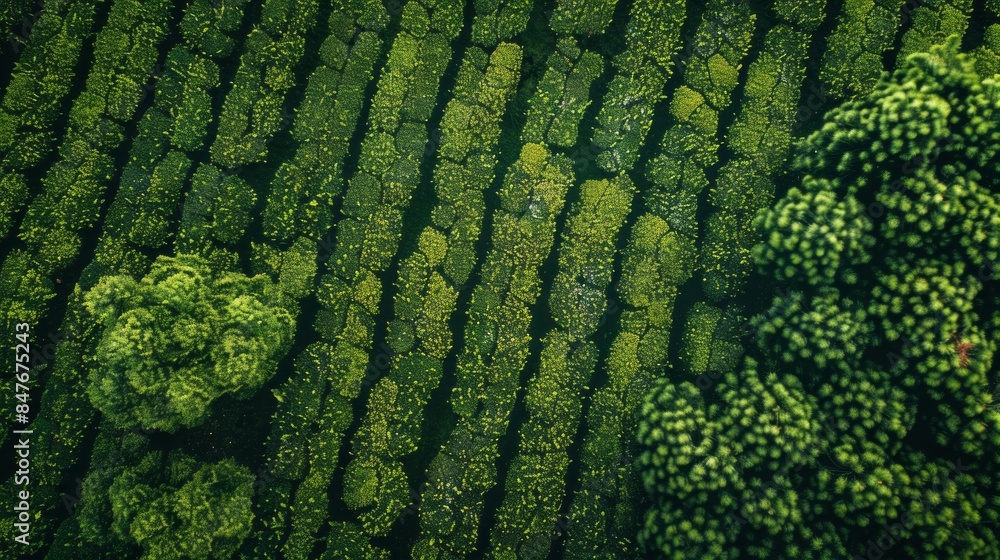 Poster a lush green field with rows of trees and plants